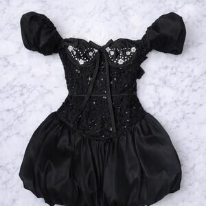 For Love & Lemons McKenna Bubble Hem Mini Dress Black Puff Sleeve Corset Dress